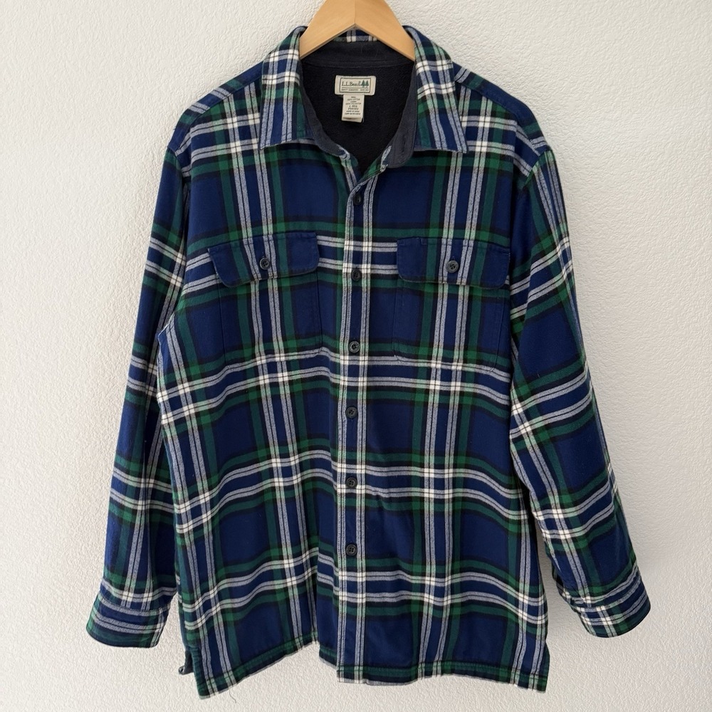 LLBean Fleece Lined Flannel Shirt Mens Large Blue Green Camp Outdoor